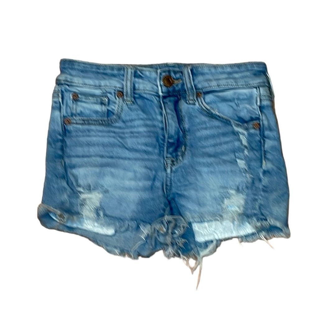 American Eagle Super Stretch highly distressed jean shorts, medium blue denim, 0